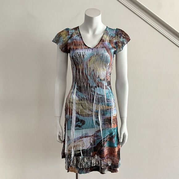 Komarov Petite Crinkle Short Sleeve Lace Inlay Mini Dress Multicolor PS - Picture 9 of 11